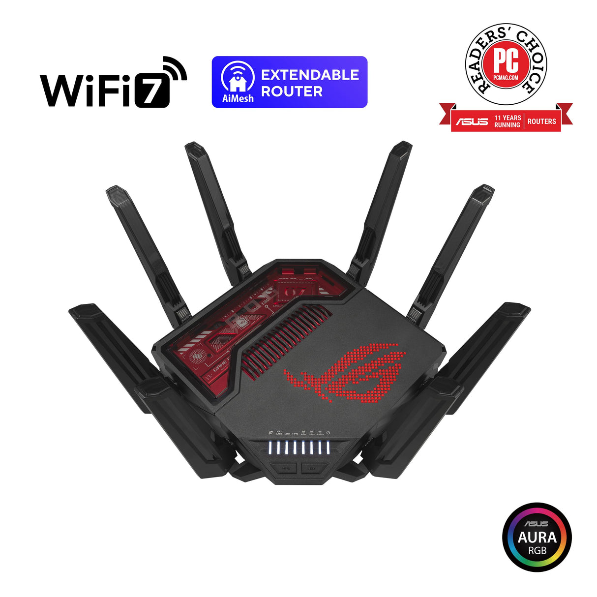 ASUS ROG Rapture GT-BE19000 - Router Gaming WiFi 7 tribanda (802.11be), 320 MHz y 4096-QAM, MLO, Dos Puertos 10G, AI WAN, Gaming Network, Aura RGB, AiMesh, Seguridad de Red, VPN, Guest Network Pro