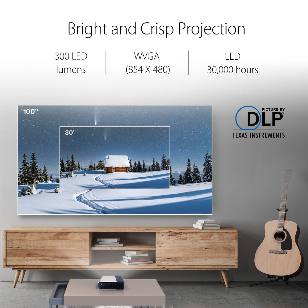 ASUS ZenBeam E2 Mini Proyector LED, Modo Retrato Automático, 300 Lúmenes LED, WVGA (854 x 480), Proyección Inalámbrica, Power Bank a Través de USB Tipo A, HDMI y Altavoz de 5 Vatios, Negro