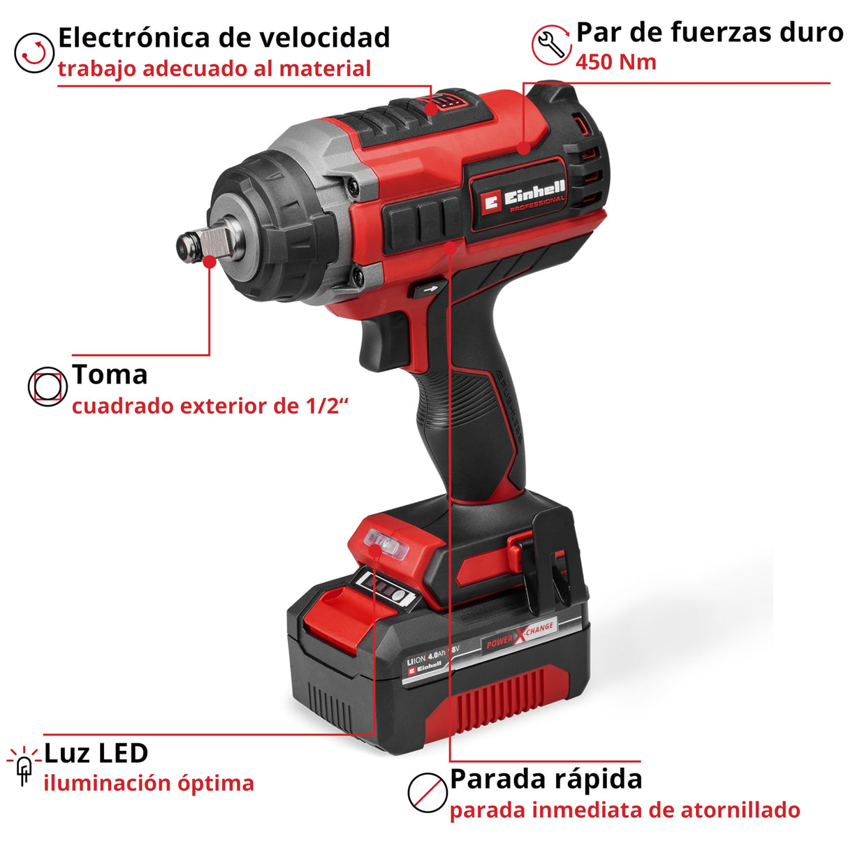 Einhell Professional atornillador de impacto con batería IMPAXXO 18/450 (1x4,0Ah) Power X-Change (18 V, 450 Nm, brushless, alojamiento cuadrado exterior, incl. batería 4 Ah, cargador, juego de llaves)
