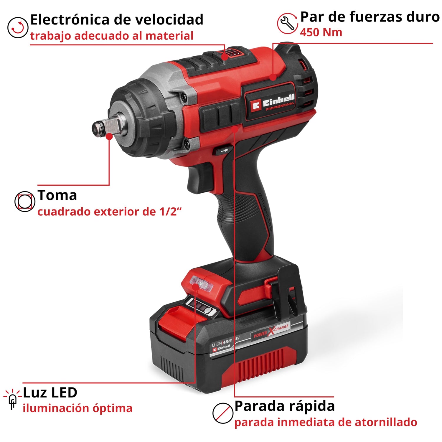 Einhell Professional atornillador de impacto con batería IMPAXXO 18/450 (1x4,0Ah) Power X-Change (18 V, 450 Nm, brushless, alojamiento cuadrado exterior, incl. batería 4 Ah, cargador, juego de llaves)