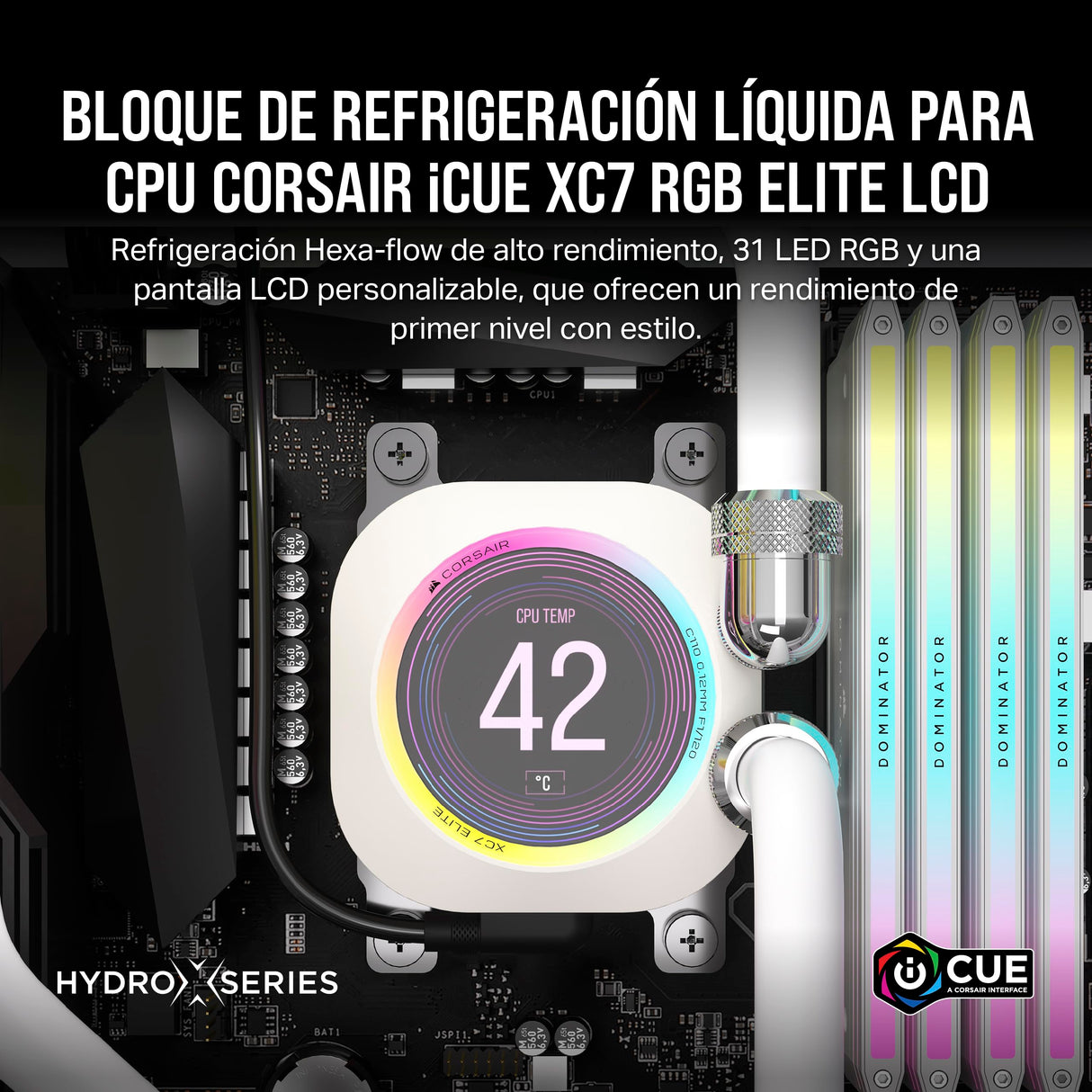 CORSAIR XC7 RGB Elite LCD Bloque de refrigeración líquida para CPU - Pantalla LCD IPS 480x480-31 LED RGB - USB-C - Compatible con Intel LGA 1700, AMD AM5 y anteriores - Blanco