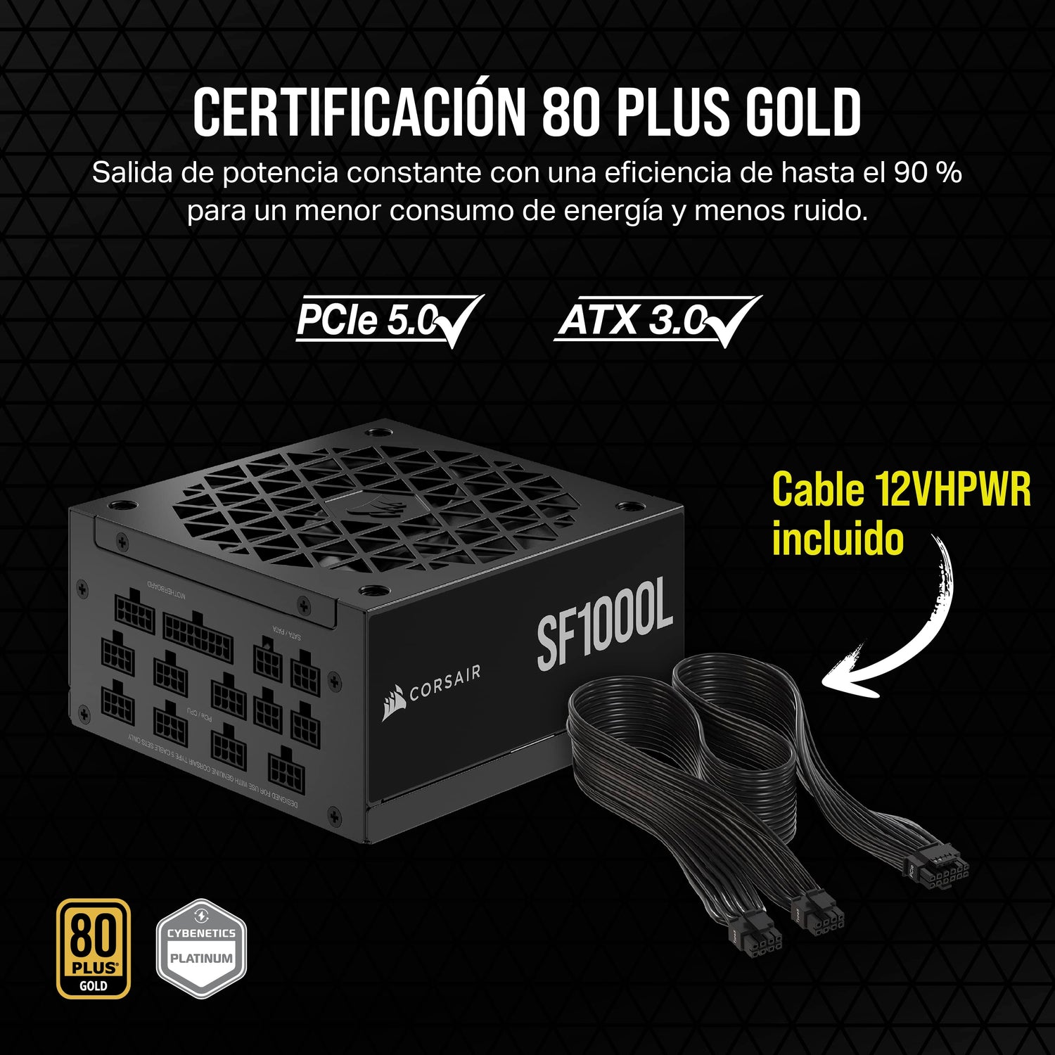 Corsair SF1000L Fuente de Alimentación SFX Totalmente Modular de Bajo Ruido - Compatible Con ATX 3.1 y PCIe 5.1 - Ventilador Silencioso PWM de 120 mm - Eficiencia 80 PLUS Gold - Modo RPM Cero - Negro