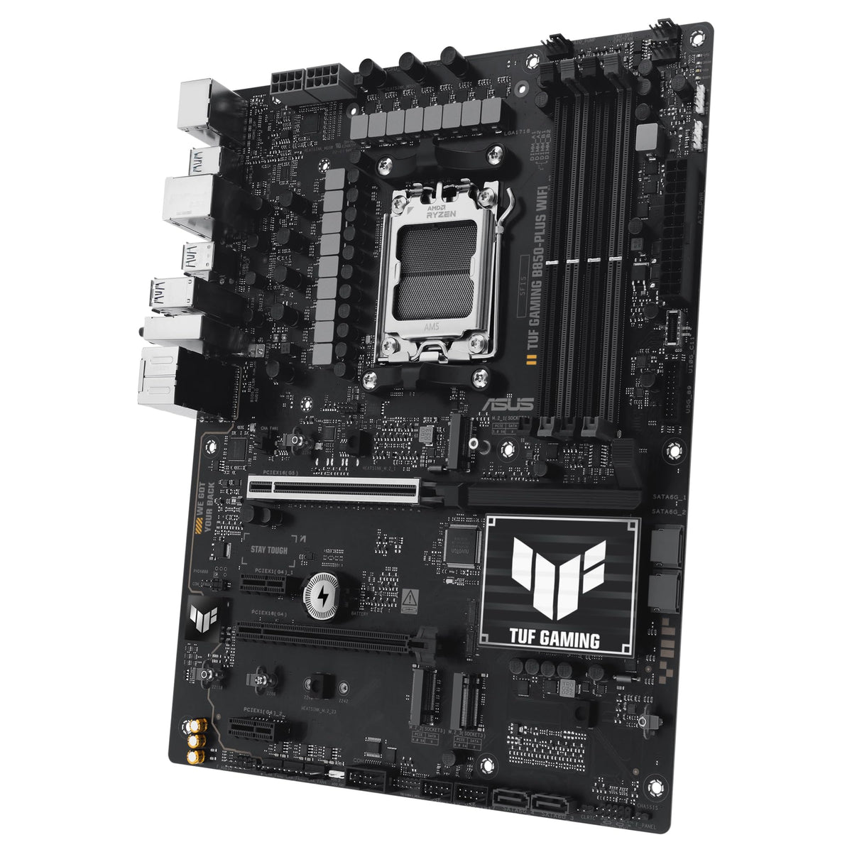 ASUS TUF GAMING B850-PLUS WIFI - Placa base AMD ATX, 14+2+1 etapas de potencia DrMOS 80A, DDR5, PCIe 5.0, 3 ranuras M.2, WiFi 7, Realtek 2.5Gb Ethernet, DisplayPort, HDMI, USB 20Gbps Tipo-C, Aura Sync