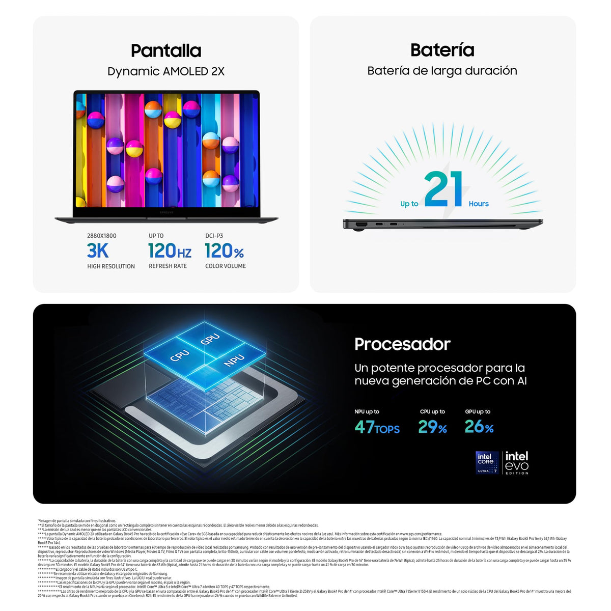 Samsung Galaxy Book5 Pro, Ordenador Portátil IA 14", Procesador Intel Core Ultra 7, 16GB RAM, Almacenamiento 1TB, Windows 11 Home, Gris, Teclado QWERTY Español