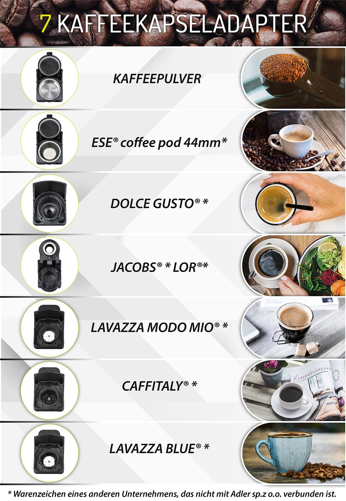 Camry ADLER Máquina de café espresso multicápsulas, 9 opciones de café, depósito de agua de 0,6 litros