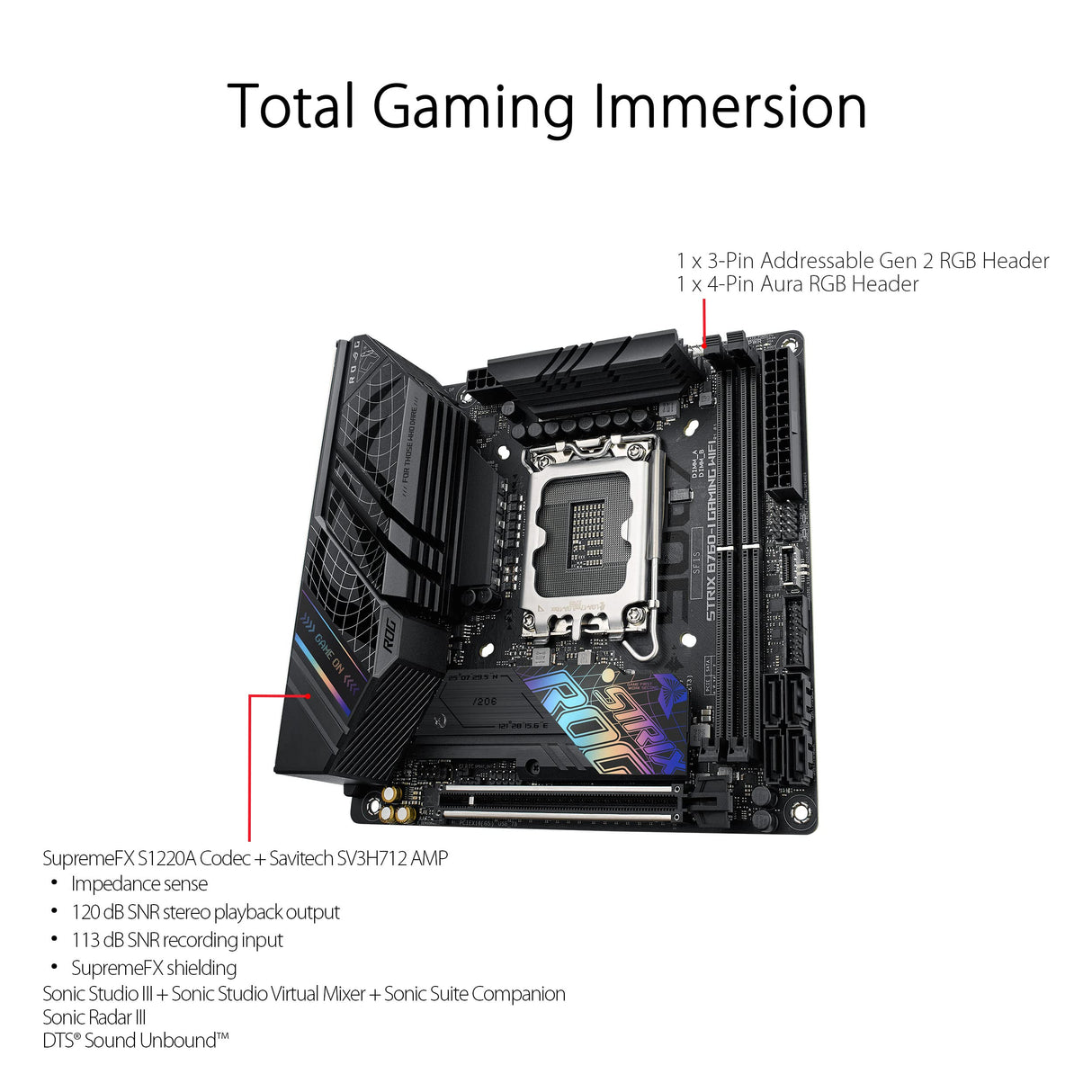 Asus ROG Strix B760-I Gaming - Placa Base Mini-ITX Intel B760 LGA 1700, VRM de 8+1 Fases, DDR5, PCIe 5.0, Dos PCIe 4.0 M.2, WiFi 6E, Ethernet 2.5G, USB 3.2 Gen 2x2 Type-C, AEMP II, RGB