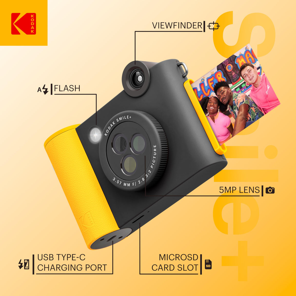 KODAK Smile+ - Paquete de iniciación de cámara instantánea Digital e Impresora fotográfica 2 en 1, Funda Suave + Papel Zink, 10 MP, Lente giratoria, Color Negro