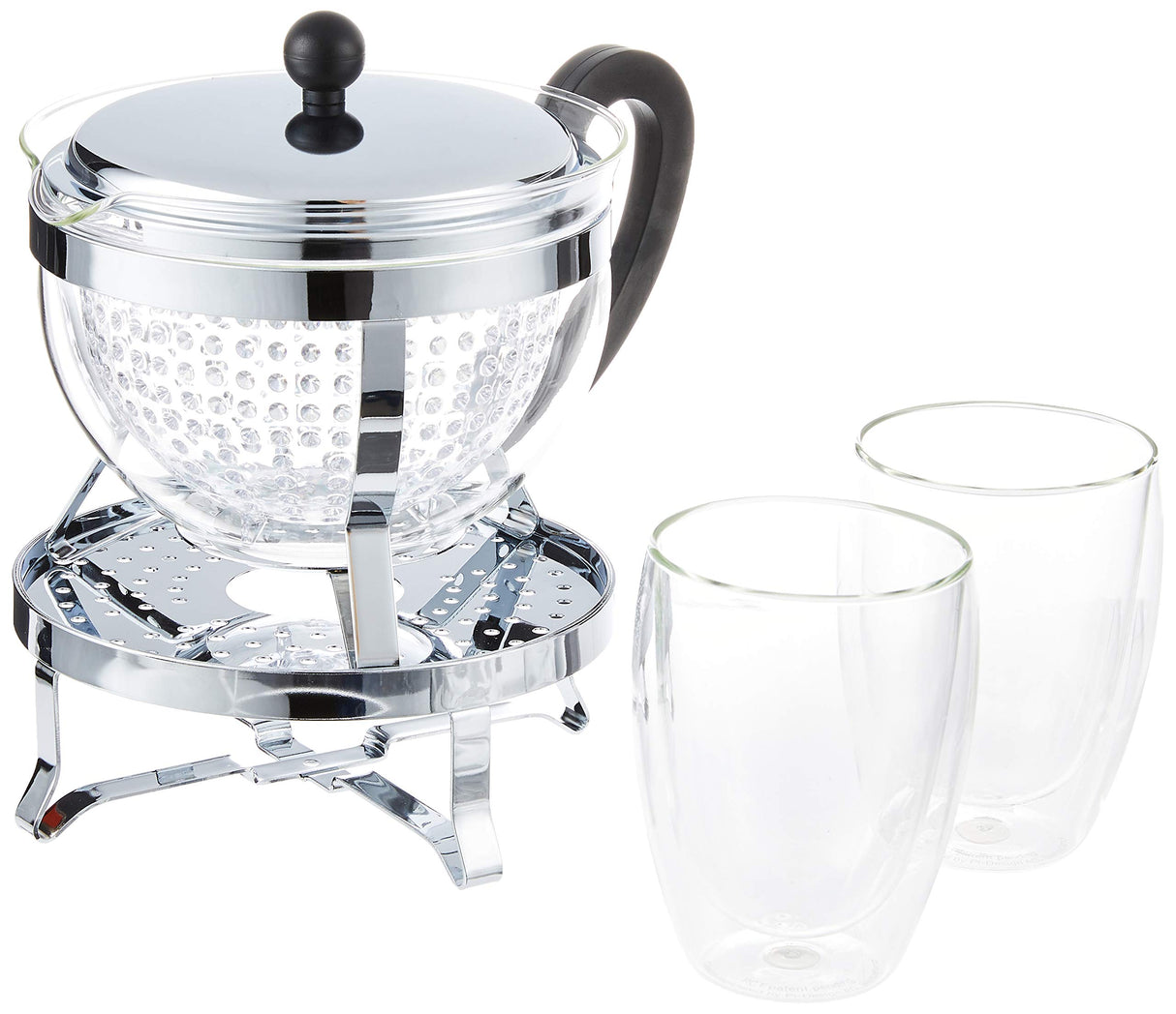 Bodum - K11143-16-1 - Chambord Set - Tetera con filtro de plástico 1.3 l con calentador y 2 vasos térmicos - 0,35 l
