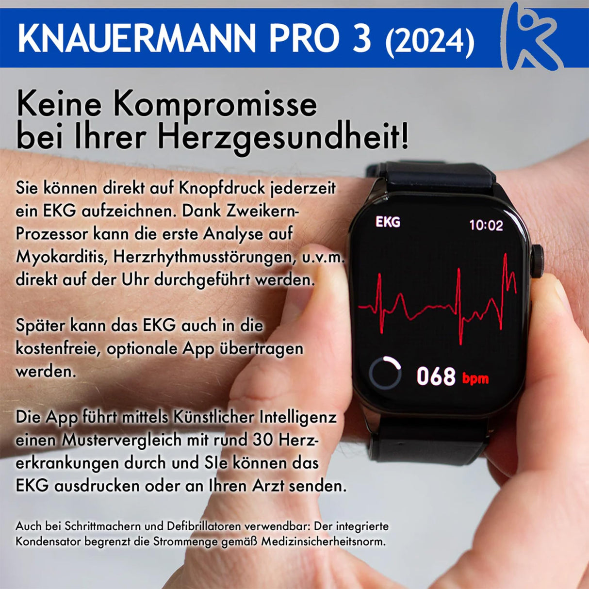 Knauermann Pro 3 (2024) Negro – Reloj Sanitario Smartwatch con función telefónica – Sensores OSRAM – Función ECG + HRV – BT Bluetooth – apnea del sueño – presión Arterial – Correa de auténtica,