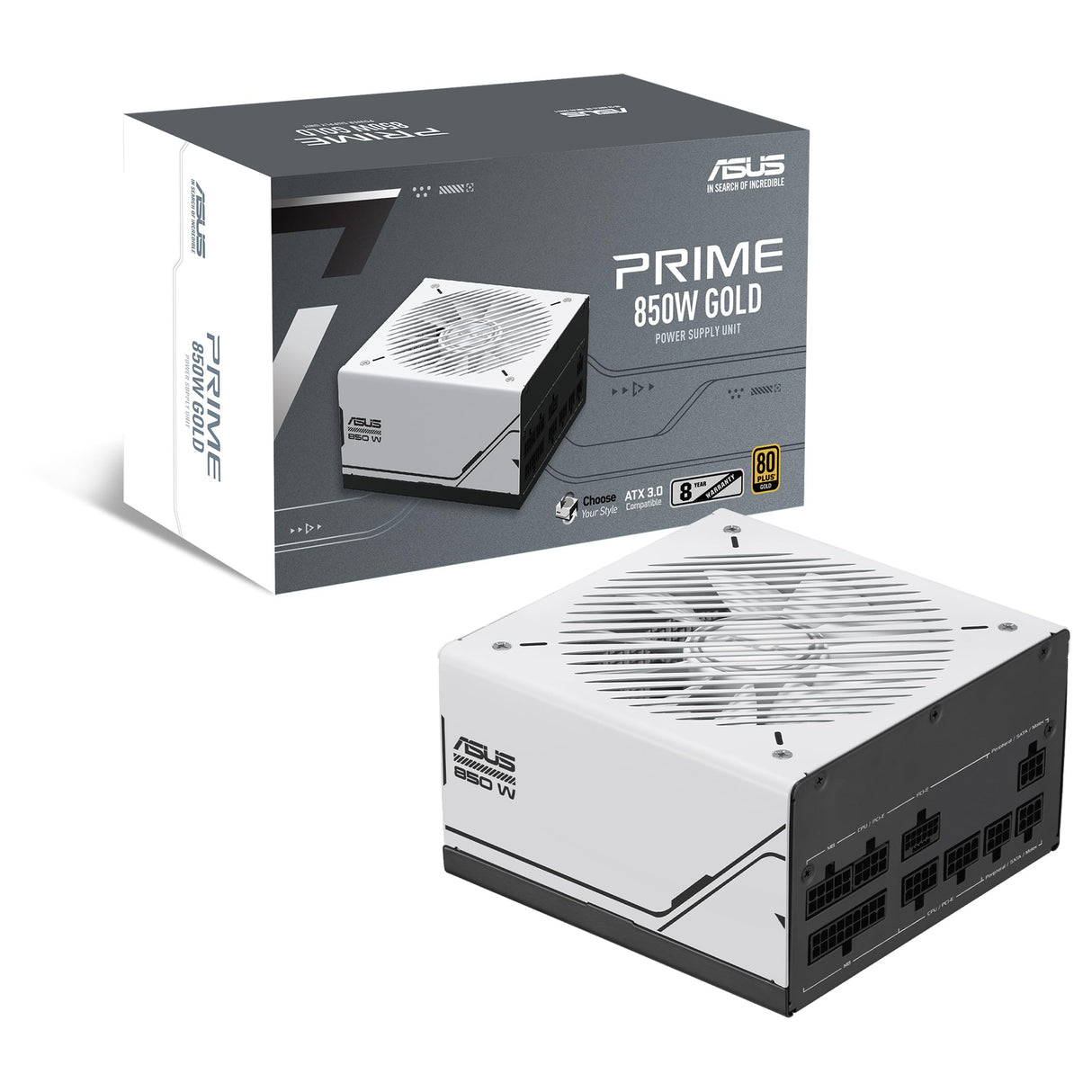 ASUS Prime 850W Gold (850 vatios, Compatible con ATX 3.1, Fuente de alimentación Totalmente Modular, 80+ Gold, rodamientos de Bolas Dobles, Dos Opciones de Color en uno, 8 años de Cobertura)