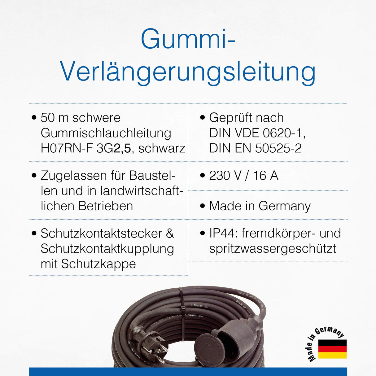 as - Schwabe alargador de Cables 50 m H07RN-F 3G2,5 - Cable de extensión 230 V / 16 A / 3.500 W - con Tapa de protección - Resistente al Polvo y a Las Salpicaduras IP44 - Negro, 60341