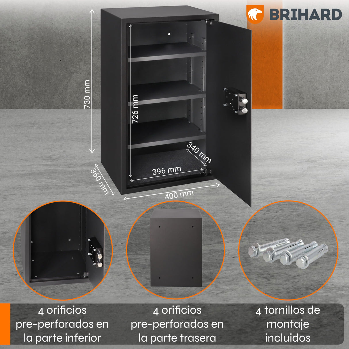 Brihard Business XXL Caja Fuerte con Llave Grande de 73x40x36cm con Bolsa A4 Ignífuga, para la Oficina 102L, con 3 Estantes Ajustables en Altura, para Documentos, Dinero y Joyas