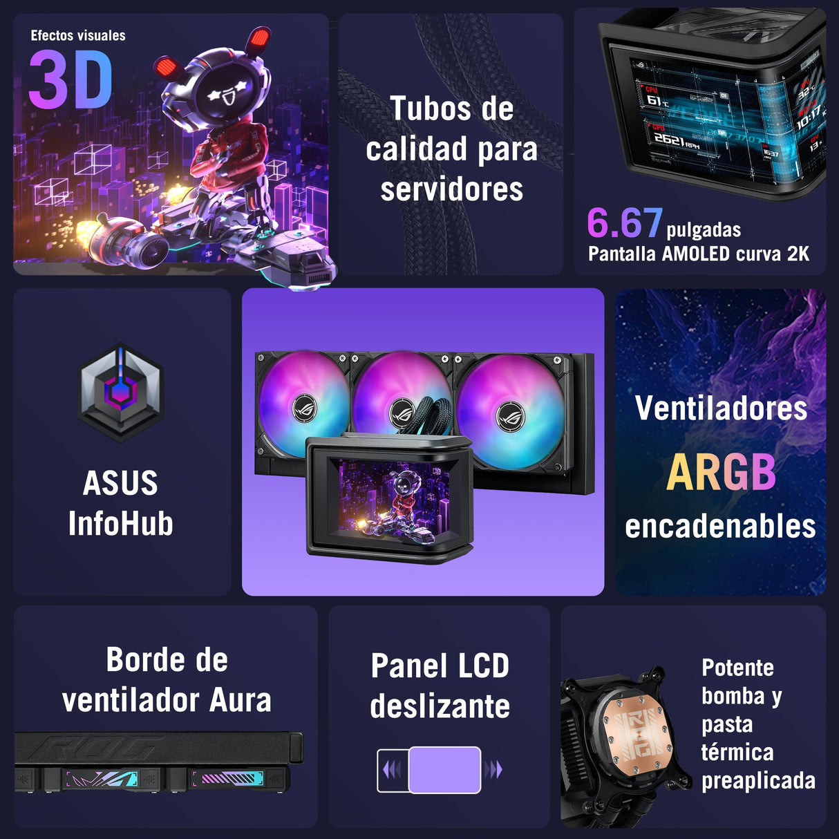 Asus ROG Ryuo IV SLC 360 ARGB - Sistema de refrigeración líquida todo en uno para CPU; tubos más cortos; pantalla AMOLED curva de 6,67 pulgadas que admite vídeo o información personalizada del sistema