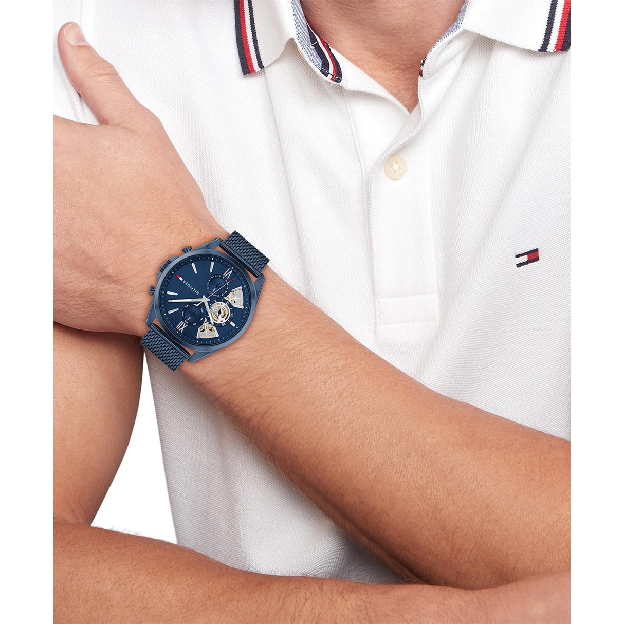 Tommy Hilfiger Reloj Analógico de Cuarzo Multifunción para Hombre con Correa de Malla de Acero Inoxidable Azul - 1710648