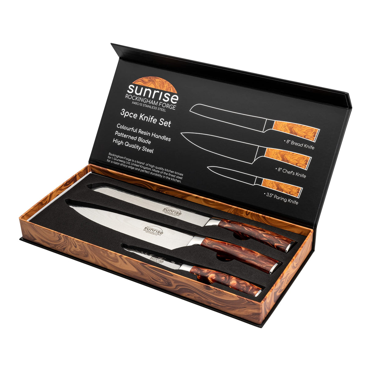 Rockingham Forge Juego de Cuchillos de Cocina de 3 Piezas, Serie Sunrise, Marrón Ambarino – Cuchillo de Cocinero, Cuchillo Para Pelar, Cuchillo Para Pan, RF-2130/3BR