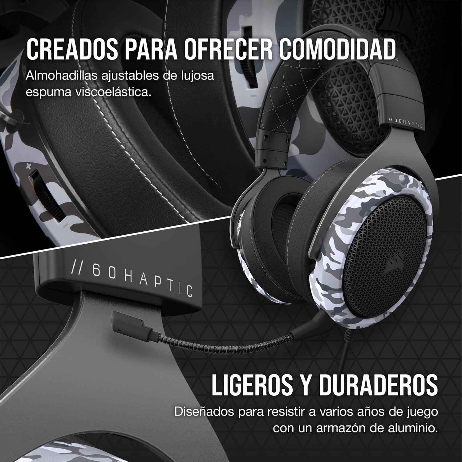 Corsair HS60 HAPTIC Auriculares Estéreo para Juegos con Efectos Hápticos en Los Bajos (Taction Technology, Almohadillas de Lujosa Espuma Viscoelástica, Micrófono Extraíble) Camo
