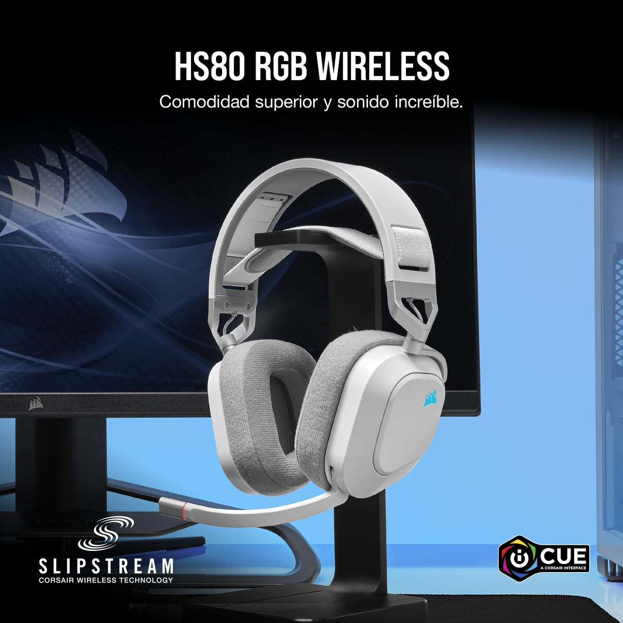 Corsair HS80 RGB WIRELESS Auriculares Inalámbricos para Juegos Multiplataforma RGB - Dolby Atmos - Micrófono Omnidireccional - Compatible con iCUE - PC, Mac, PS5, PS4 - Blanco