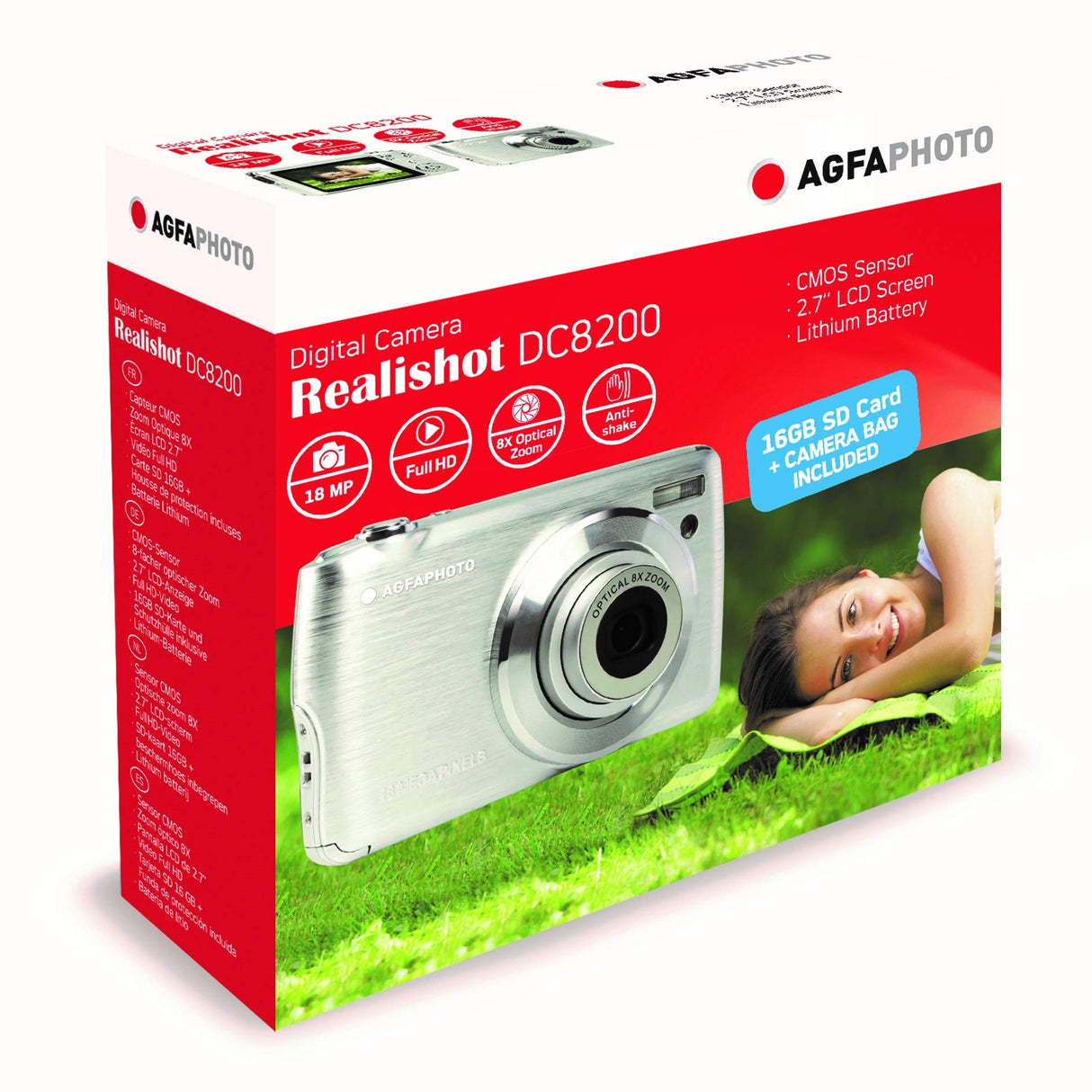 AGFA Photo Realishot DC8200 - Cámara Digital Compacta, 18MP, Video Full HD, Pantalla LCD 2.7'', Zoom Óptico 8X, Batería de Litio y Tarjeta SD de 16GB - Plata