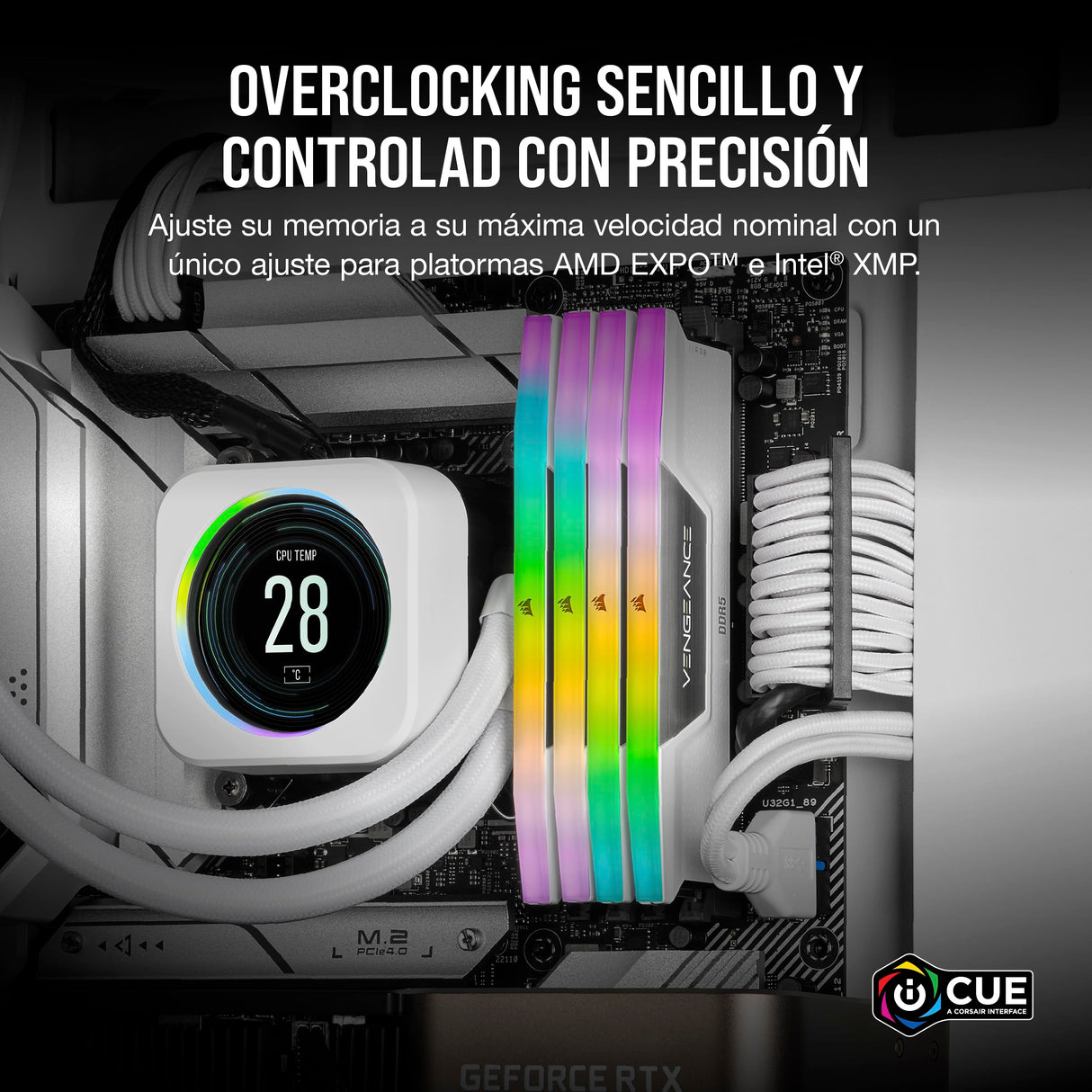CORSAIR Vengeance RGB DDR5 RAM 32GB (2x16GB) 6400MHz CL32-40-40-84 1.40V AMD Expo Intel XMP 3.0 Memoria de Ordenador de Sobremesa – Blanco (CMH32GX5M2B6400Z32W)