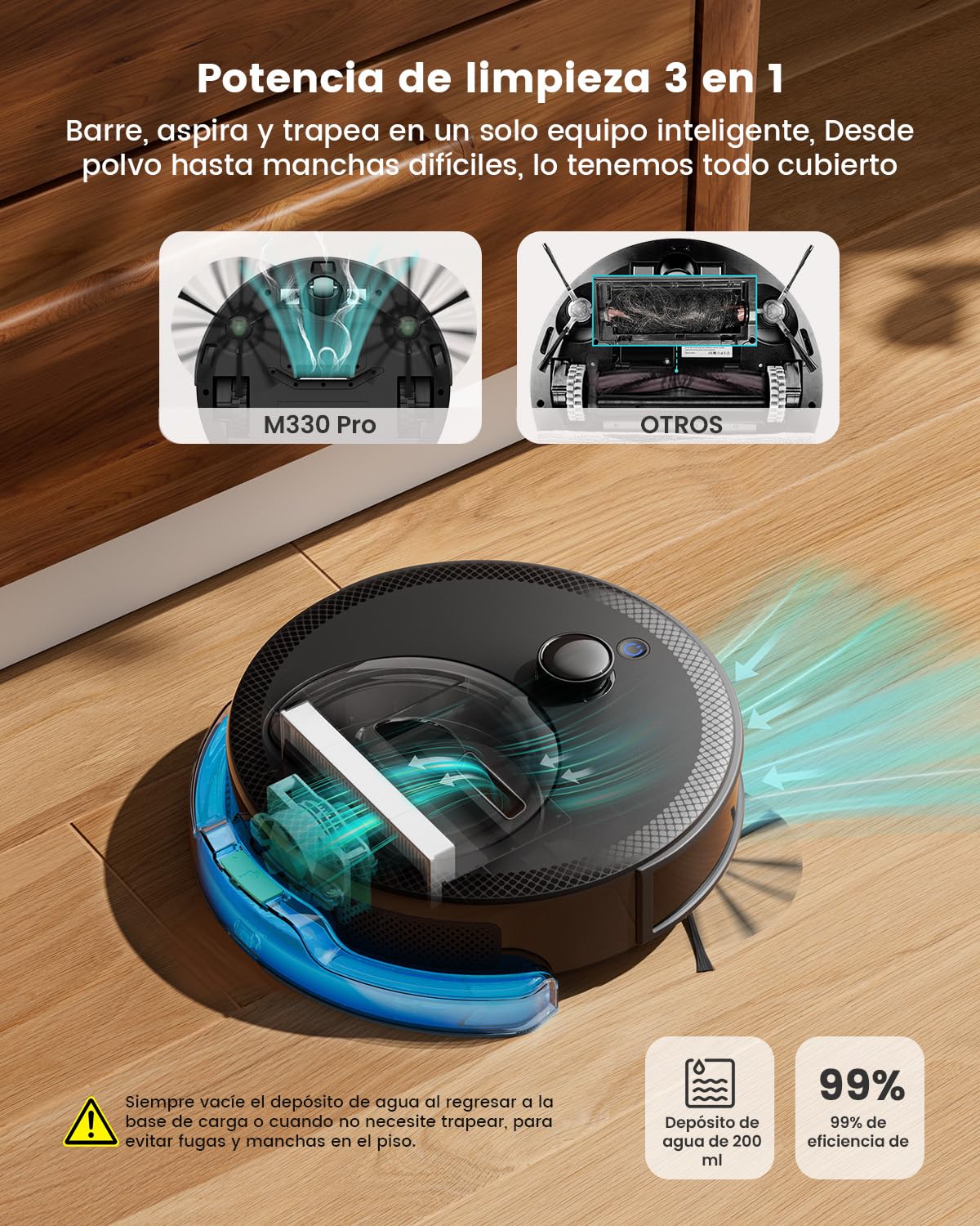 LEFANT M330 Pro Robot Aspirador y Fregasuelos con Mapeo 3 en 1, Navegación dToF, 5000Pa, 150min, Evitación de Obstáculos PSD 190°, WiFi/Alexa 2,4GHz y 5GHz, Ideal para Pelo de Mascotas y Alfombras