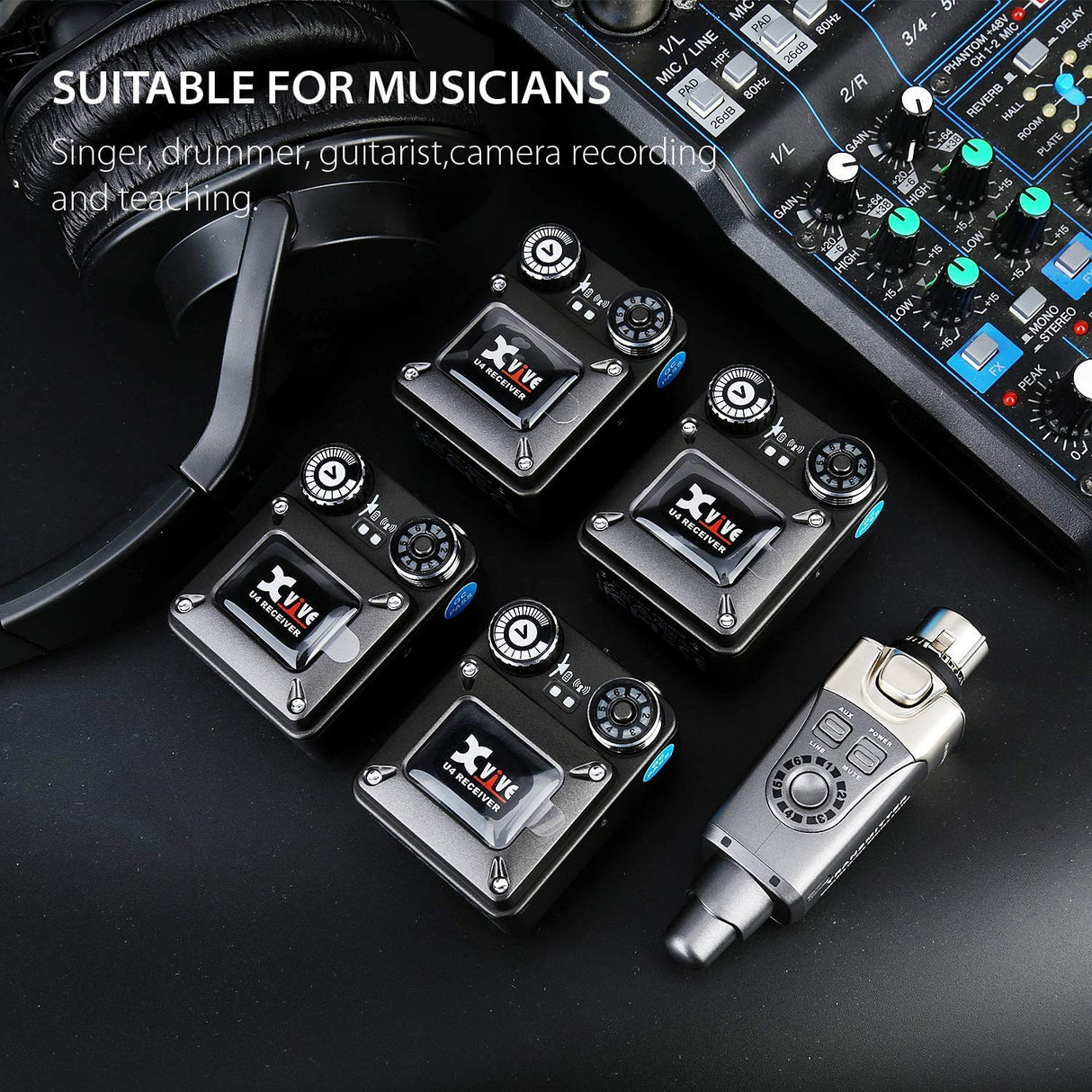 Xvive U4R4 Wireless In Ear Monitor, Sistema inalámbrico Profesional para monitorización de Auriculares in-Ear, Compuesto por 1 emisor y 4 Receptor