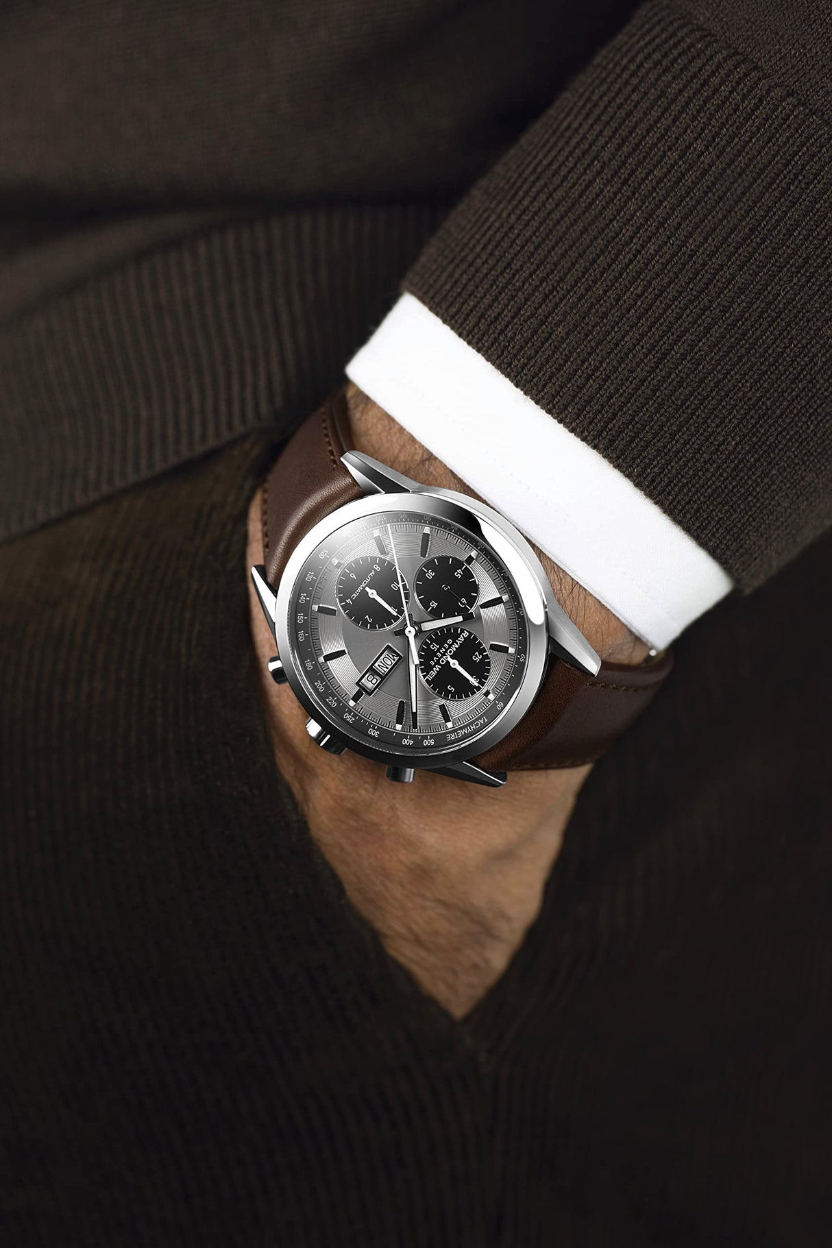 Raymond Weil Reloj Freelancer, 7732 -STC-65201, Redondo, cronógrafo mecánico con Cuerda automática y función de día y Fecha para Hombre Plateado Caja de 42 mm