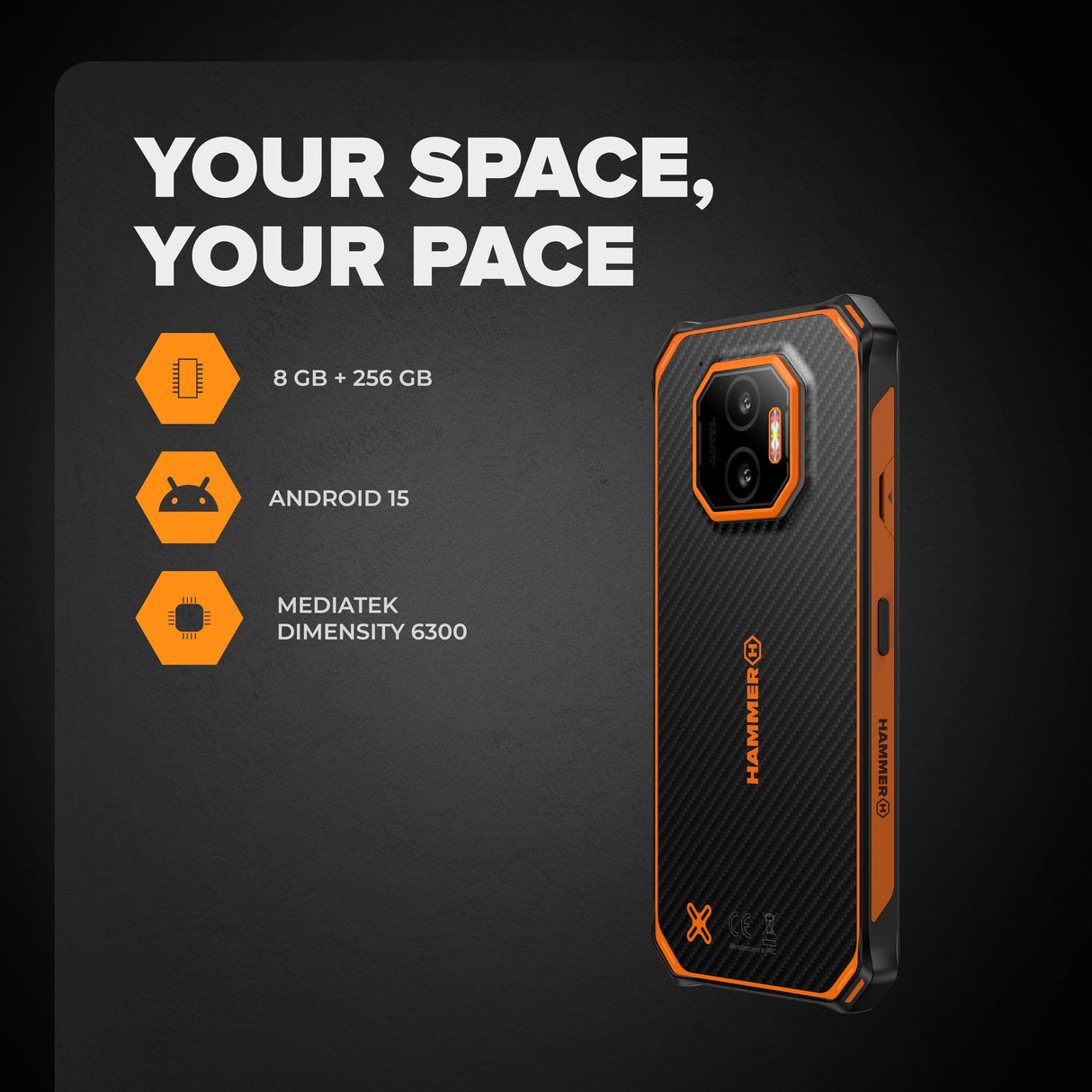 Hammer Energy X2 5G Smartphone Resistente Android 15, Teléfono Indestructible 6,1", IP69, 8 + 8 GB RAM, 256 GB de Almacenamiento, 5000 mAh, eSIM, 2 años de garantía
