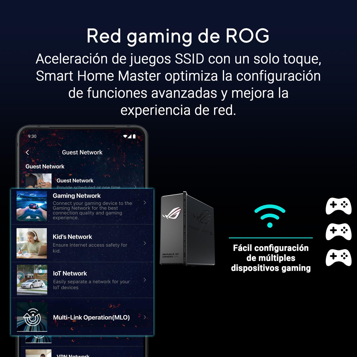 ASUS ROG Strix GS-BE18000 Router Gaming WiFi 7 tribanda, 18000 Mbps, Cobertura de hasta 307 m2, 8 Puertos 2.5G, 2 Puertos Gaming, CPU de Cuatro núcleos a 2.0 GHz, aceleración de Juegos, VPN, AiMesh