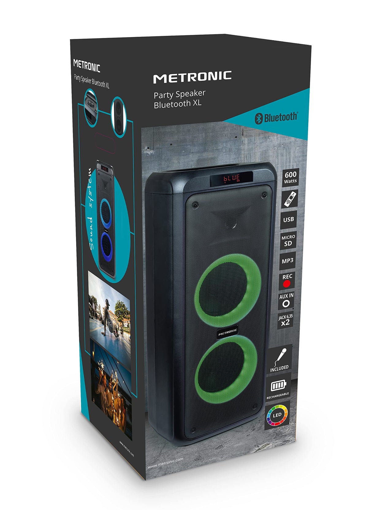 Metronic 477182 - Altavoz portátil Bluetooth Potente 600W Party XL, LED Lights, USB, MicroSD, 2 entradas para Micro, AUX-IN, Mando a Distancia, asa para Transporte, Micro Incluido, Negro