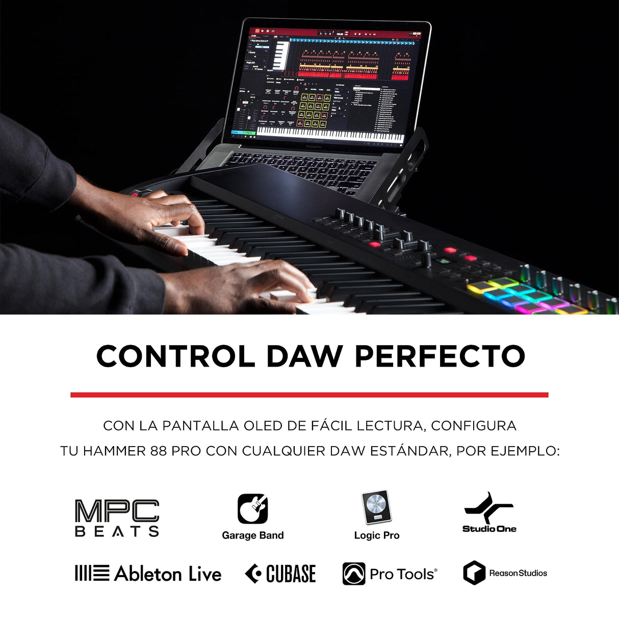 M-Audio Hammer 88 Pro – Teclado controlador MIDI USB con 88 teclas ponderadas de acción martillo, pads de ritmos, controles asignables MIDI y software