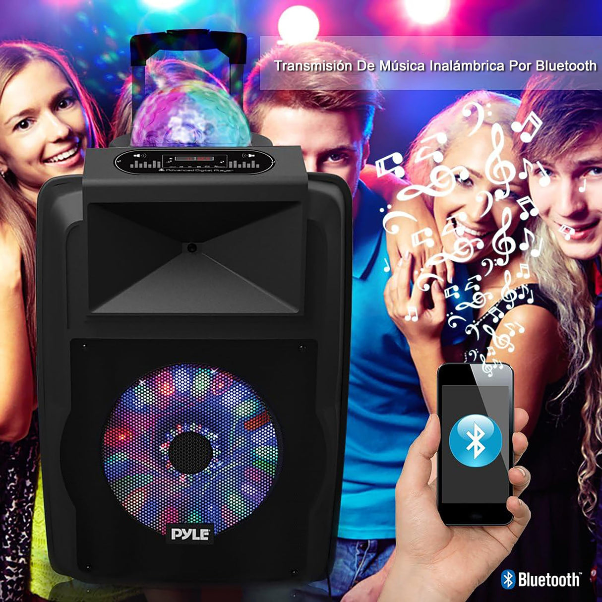 Pyle Sistema de Altavoces, PA, 700W, Bluetooth, microfono, portatil, Recargable, Interiores, Exteriores, función de grabación, micrófono, Luces de Fiesta, Radio USB/SD, Color Negro