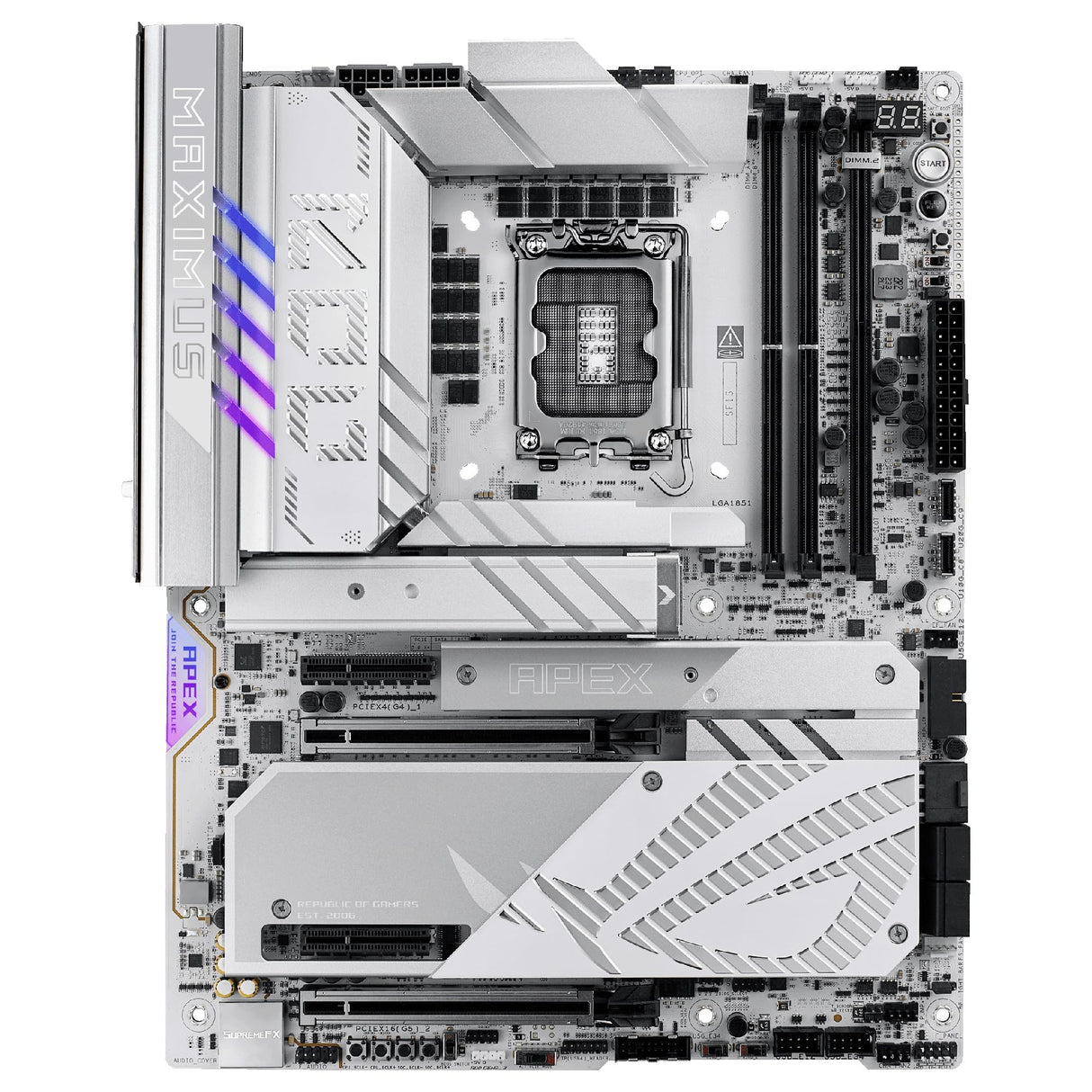 ASUS ROG Maximus Z890 Apex - Placa Base ATX, 22+1+2+2 etapas de Potencia, DDR5, PCIe 5.0 Compatible con GPU de última generación, Seis M.2, WiFi 7, AI Overclocking, PCIe Q-Release Slim