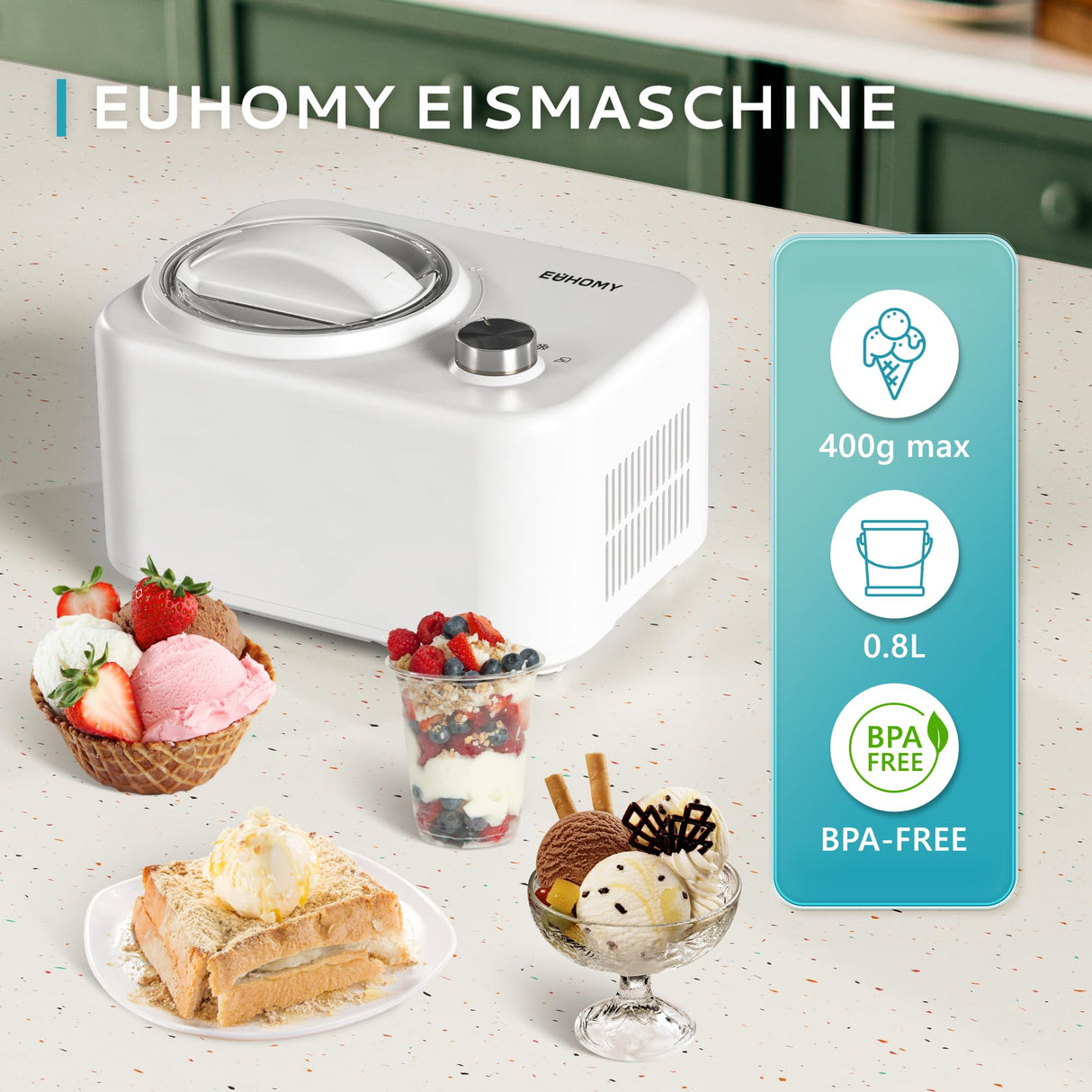 EUHOMY Máquina de helados con compresor, 0,8 L, 100 W, máquina de hielo autorefrigerante, para helados, batidos, yogur congelado, batidos de leche, con cuenco y plantillas de recetas