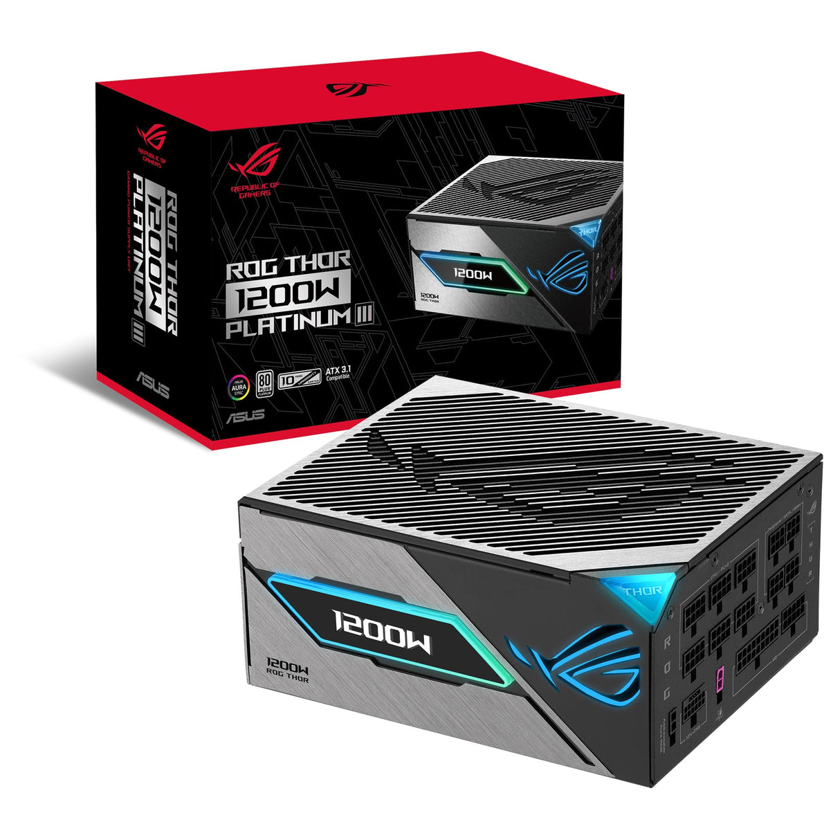 ASUS ROG Thor 1200W Platinum III Fuente de alimentación, 80 Plus Platinum, ATX 3.1, MOSFET GAN, Estabilizador de Voltaje Inteligente, Pantalla OLED magnética, Modo Turbo, 10 años de protección