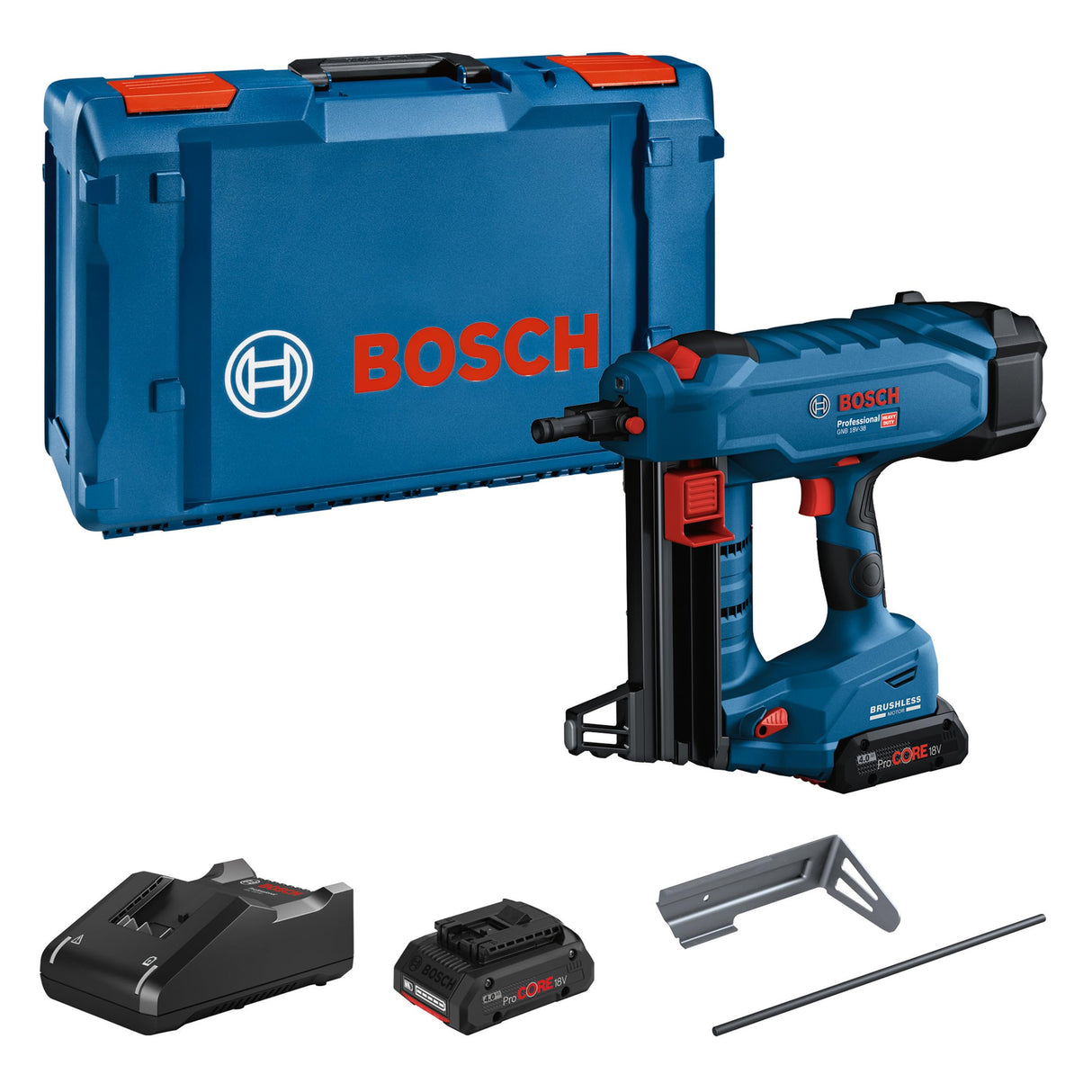 Bosch Professional BITURBO GNB 18V-38 - Clavadora para hormigón con batería (diámetro de 2,7 – 3,0 mm, longitud máxima de clavo: 38 mm, 2 baterías ProCORE 4,0 Ah, cargador GAL 18V-40, 1 lápiz de