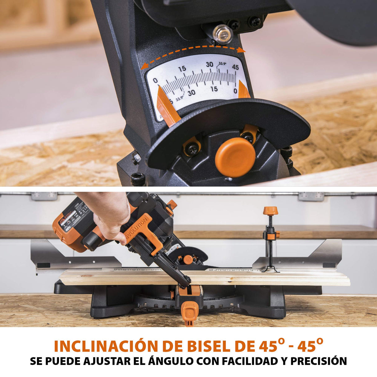 Evolution Power Tools R255SMS-DB ingletadora, Sierra ingletadora deslizante multimaterial de 255 mm, con doble bisel y paquete plus, hasta 300 mm x 90 mm, 5° a izquierda y derecha, inglete de 50°