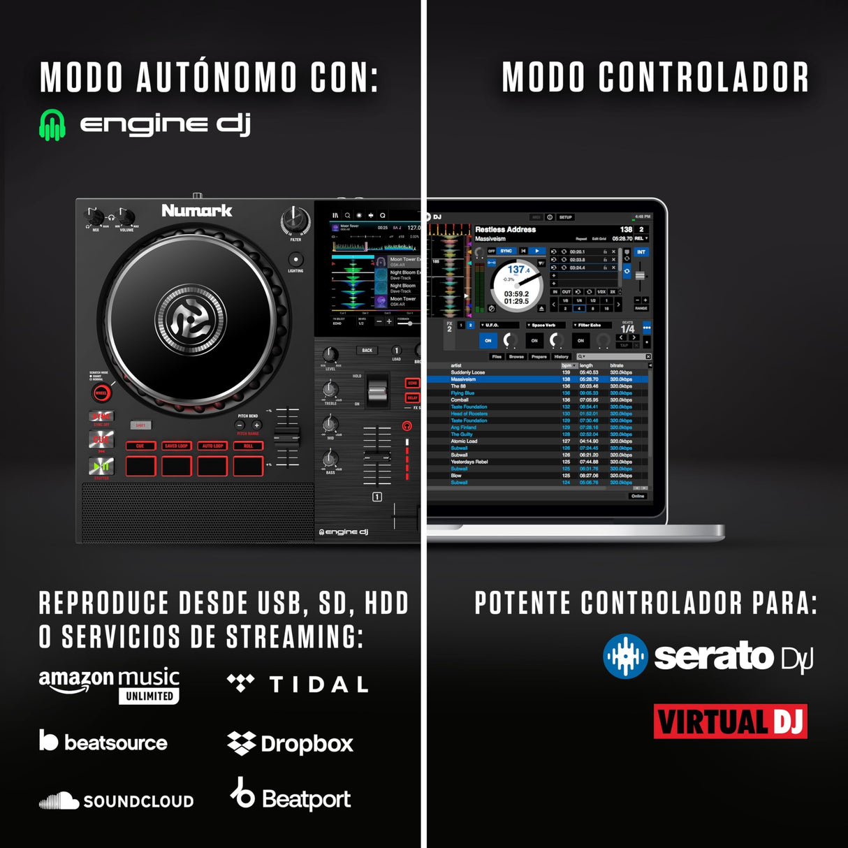 Numark Mixstream Pro+ Controlador DJ, separación de stems, 2 decks, streaming por wifi, mezclador, pantalla táctil 7" y altavoces; Serato y Virtual DJ