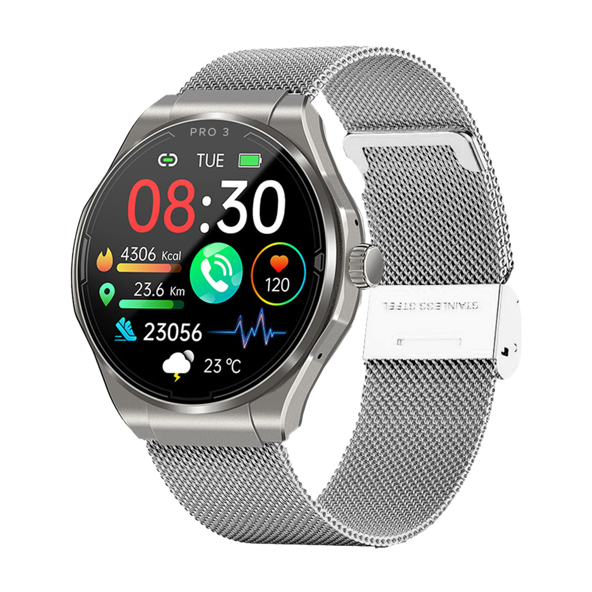 Knauermann Pro 3 (2024) Plata - Reloj de Salud Smartwatch con función de telefonía - Función ECG + HRV y SOS - Pantalla AMOLED - BT Bluetooth - Apnea del Sueño - Banda Milanesa Negro, 14-24, Redondo,