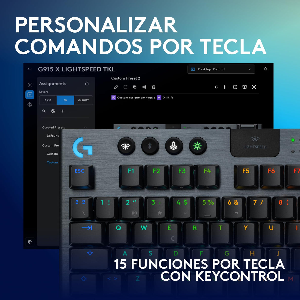 Logitech G G915 X LIGHTSPEED TKL, Teclado para gaming inalámbrico de perfil bajo, teclas de PBT de doble moldeado, elegante acabado aluminio, clic perceptible azul GL -PC/Mac, QWERTY US INT'L - Negro