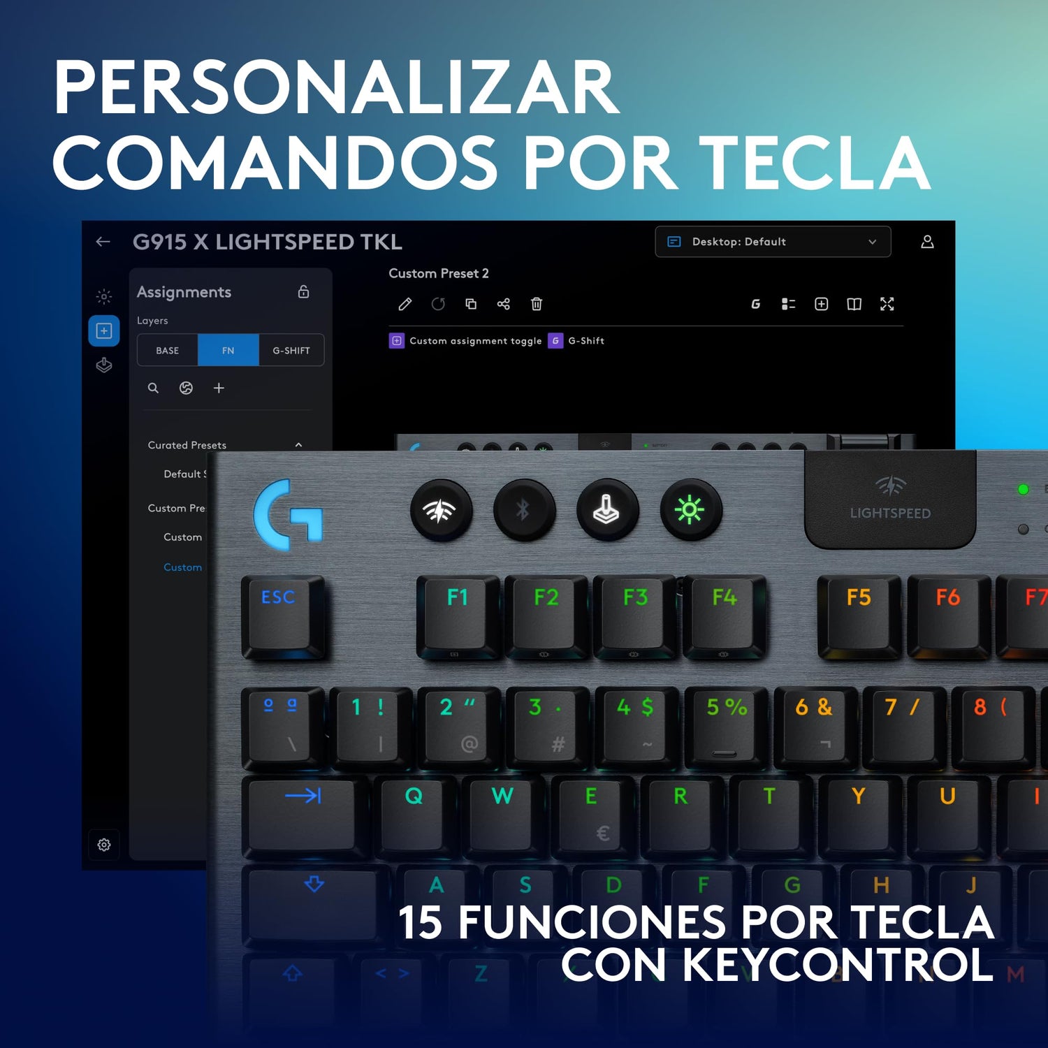 Logitech G G915 X LIGHTSPEED TKL, Teclado para gaming inalámbrico de perfil bajo, teclas de PBT de doble moldeado, elegante acabado aluminio, clic perceptible azul GL -PC/Mac, QWERTY US INT'L - Negro
