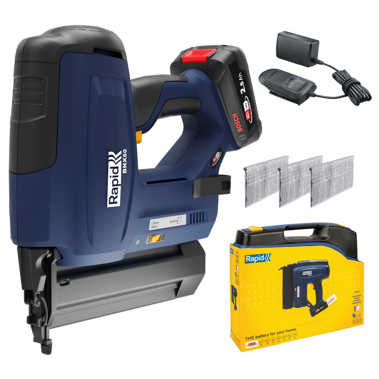 Rapid BNX50 Kit de Clavadora Eléctrica Sistema 18V Power for All Inalámbrica de Clavos con Luz LED, para Clavos N.º 8 y con Disparo Simple o de Impacto, Batería de 2.5 Ah, Cargador y Maleta (5001498)