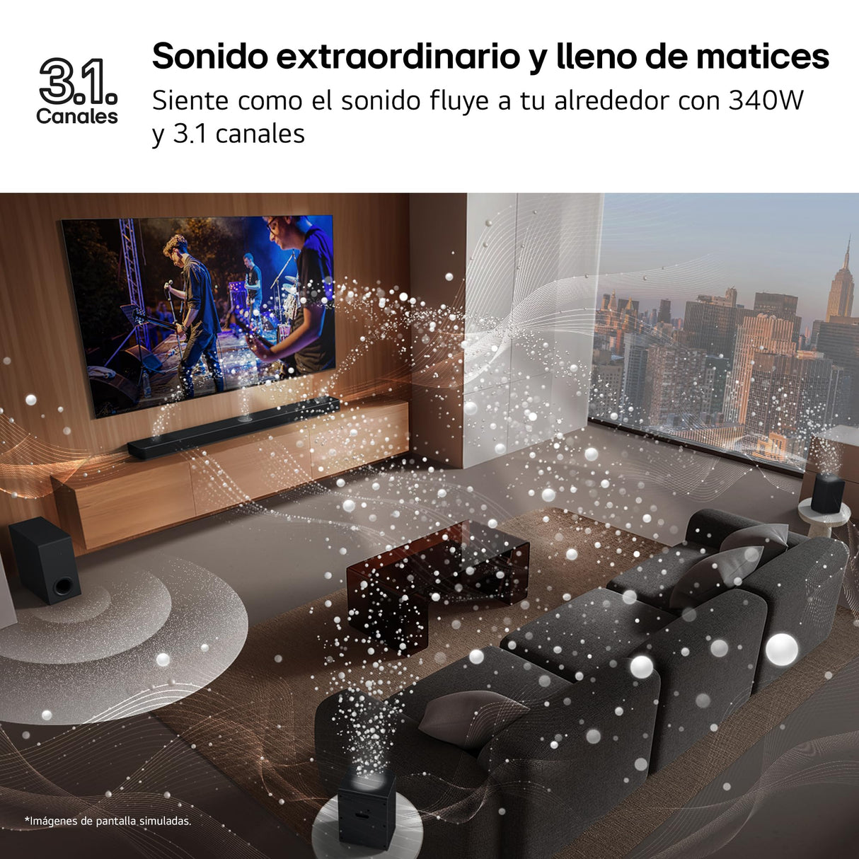 LG S60T - Barra de Sonido Inteligente, 340W, 3.1 Canales, Sonido Envolvente Dolby Digital y DTS, Amplia Conectividad, HDMI, Bluetooth, USB, Entrada Óptica, Negro