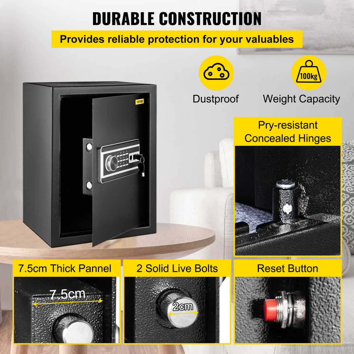 VEVOR Caja Fuerte de Seguridad con Huella Dactilar 60L Caja Fuerte Antirrobo del Hogar 34,5 x 20 x 46,5 cm Huella Digital Contraseña Llave WiFi Abierto del Hotel de Oficina en Casa Caja de Seguridad