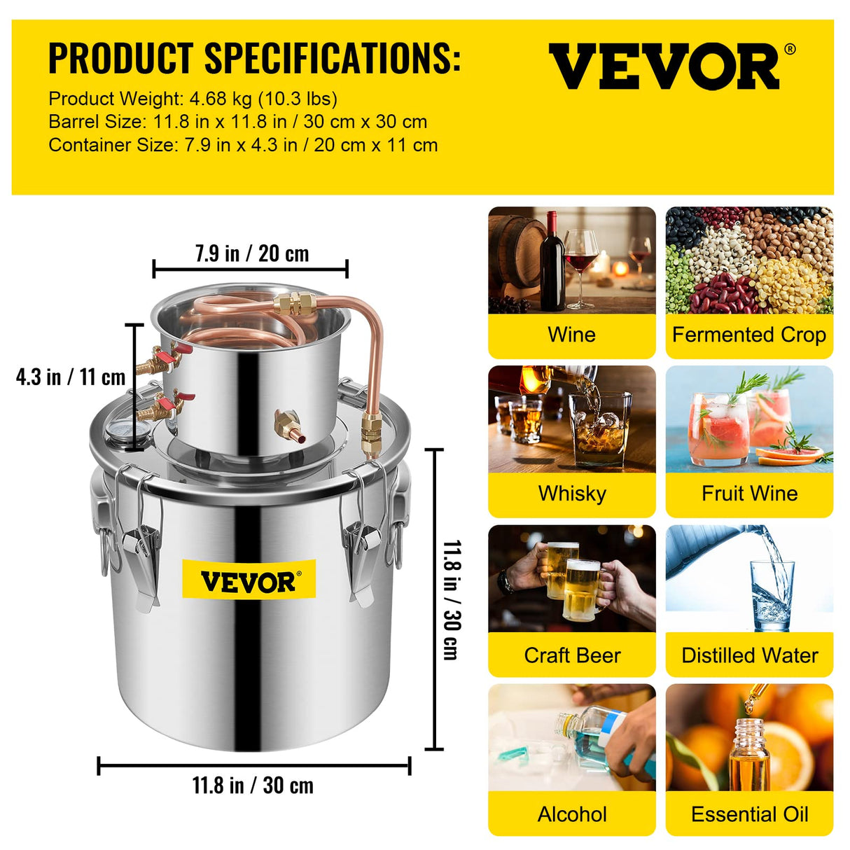 VEVOR Destilador de Alcohol de Agua 19 L Kit de Destilación con Bomba de Circulación, Tubo de Cobre para Alambique de Alcohol con Termómetro Incorporado para Whisky, Alcohol DIY, Acero Inoxidable