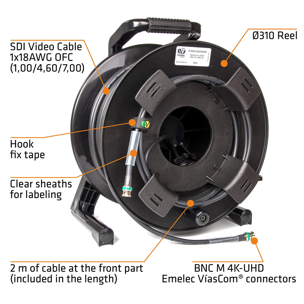 Emelec VíasCom R-SDI-3007N/100 – 100m Cable Video 4K-UHD 6G-SDI (1.0/4.6/7.0) montado en Portacables con BNC 4K-UHD – Conductor Unifilar – Color Negro – PVC Flexible