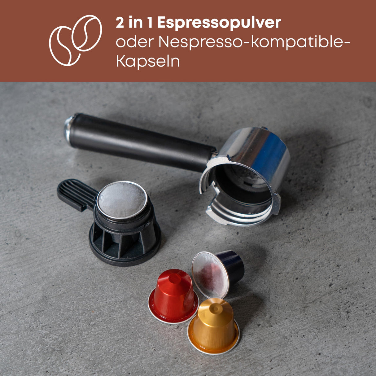 ProfiCook® cafetera espresso 2en1 para café en polvo y cápsulas compatibles Nespresso - máquina portafiltro 20 bar - con sistema de leche para latte y cappuccino- portafiltro para espresso- PC-ES 1266