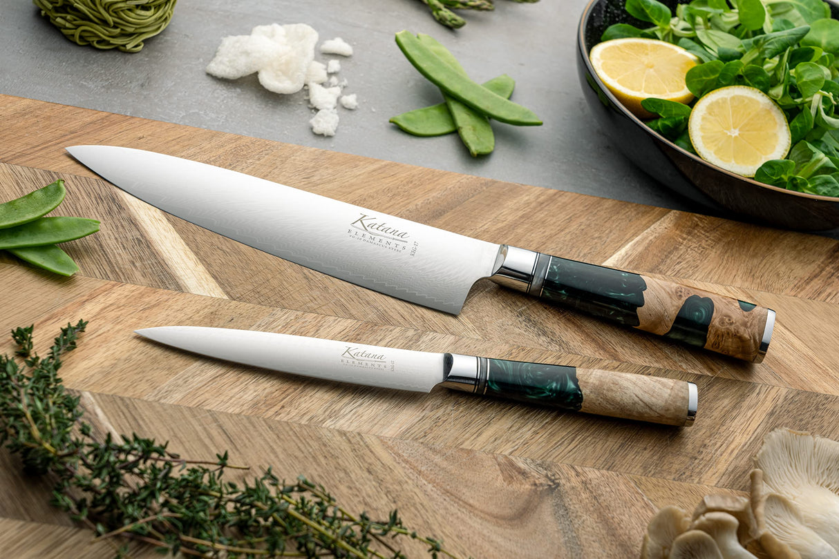 Juego de 9 piezas de cuchillos de cocina Katana Saya, verde lluvia, acero de Damasco VG-10 con mango de madera de olivo y resina (KEG-900/9B)