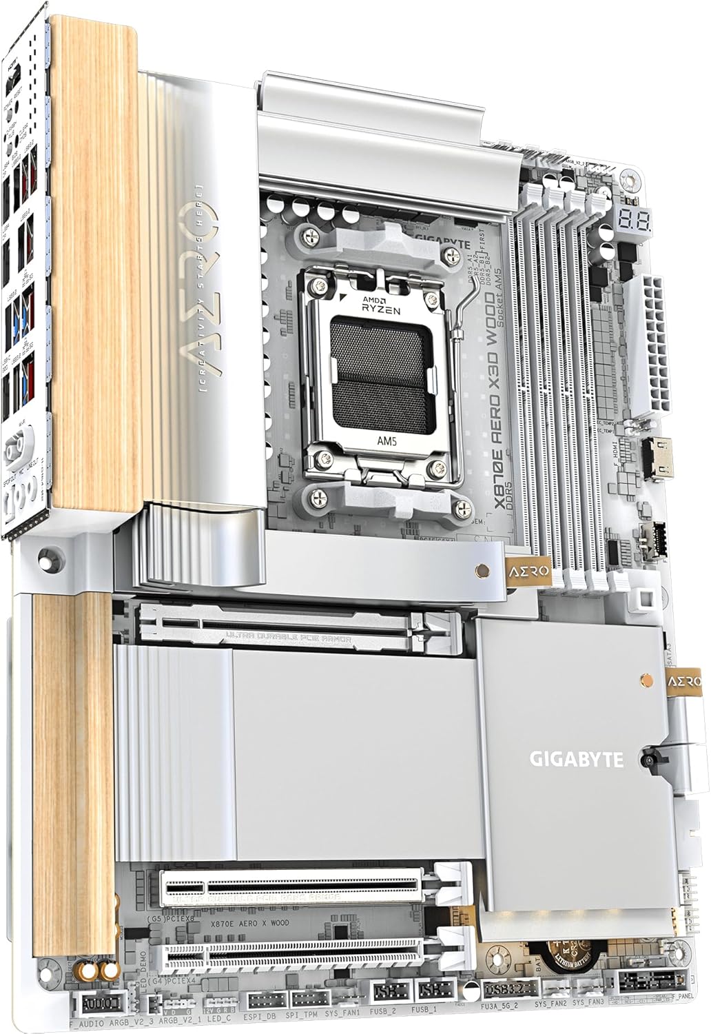 GIGABYTE X870E Aero X3D Wood Motherboard - Supports AMD Ryzen 9000 Processors, 16+2+2 Phase Digital VRM, up to 9000Hz DDR5 (O.C.), 2xPCIe 5.0 + 2xPCIe 4.0, Wi-Fi 7, 5GbE LAN, USB 4