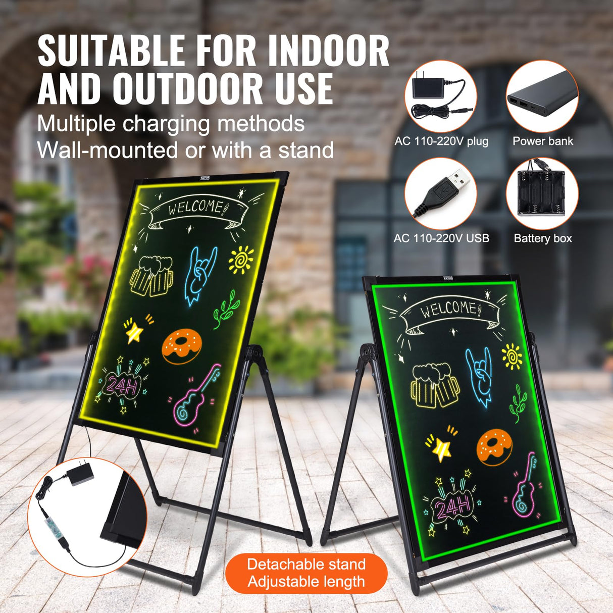 VEVOR Tablero de Escritura de Mensajes LED, Pizarra Iluminada Borrable de 598 x 798 x 9 mm, Tablero de Letrero de Menú con Efecto Neón, con 8 Marcadores de Tiza Fluorescentes y Control Remoto, RGB