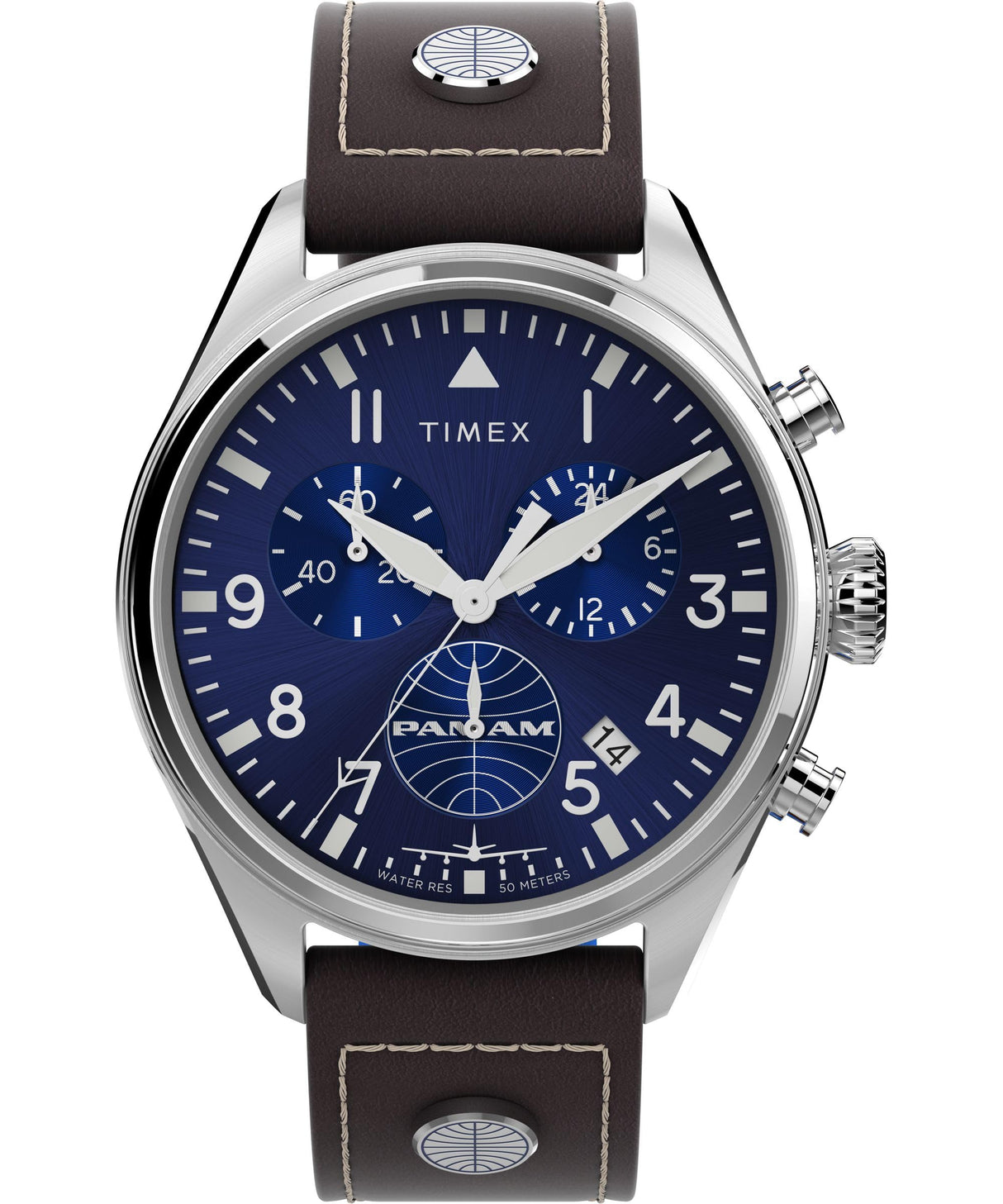 Timex Chronograph - Reloj de 42 mm para hombre, cuero marrón, esfera azul, caja de acero inoxidable TWG030000